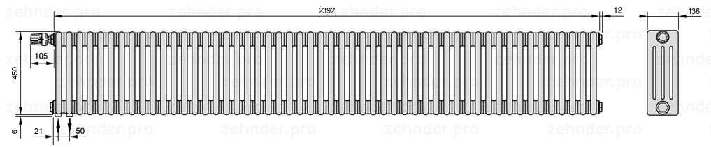 Схема (чертеж) Радиатор Zehnder Charleston 4045/52 №V001 Белый глянцевый RAL 9016